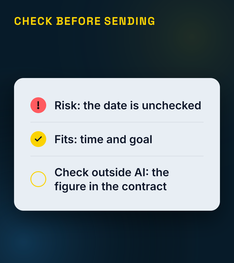 Check sheet: risk — the date is unchecked; fits — time and goal; check outside AI — the figure in the contract.