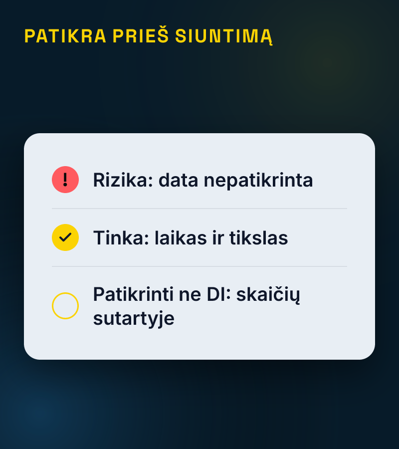 Patikros lapas: rizika — data nepatikrinta; tinka — laikas ir tikslas; patikrinti ne DI — skaičių sutartyje.