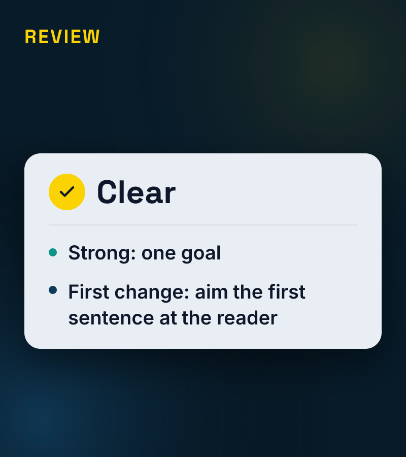 Review card: clear; strong — one goal; first change — aim the first sentence at the reader.