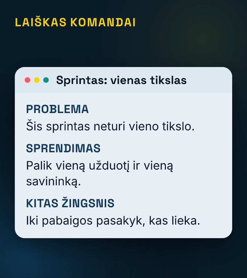 Laiško langas: problema — šis sprintas neturi vieno tikslo; sprendimas — palik vieną užduotį ir vieną savininką; kitas žingsnis — iki pabaigos pasakyk, kas lieka.