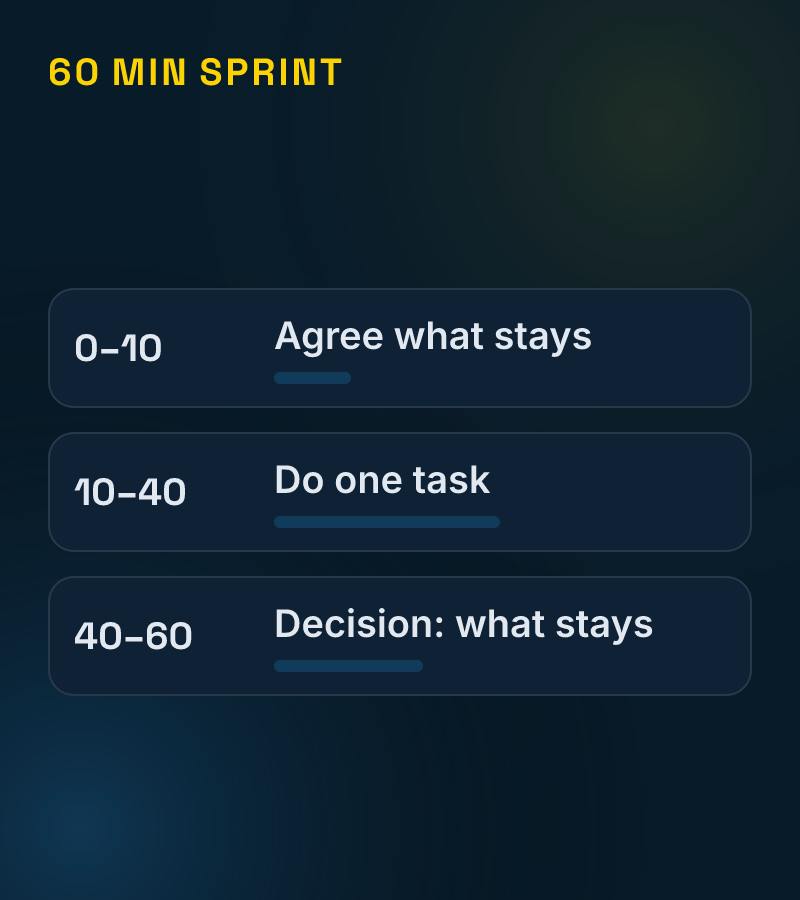 60 min sprint timeline: 0–10 min agree what stays; 10–40 min do one task; 40–60 min decision on what stays.