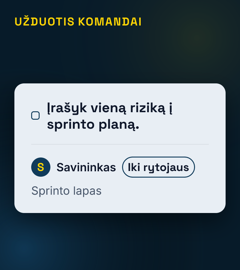 Užduoties kortelė: įrašyk vieną riziką į sprinto planą; savininkas; iki rytojaus; sprinto lapas.