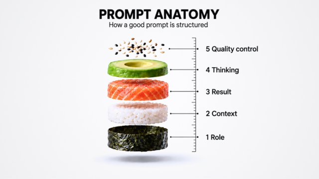 Exploded sushi, bottom to top: nori — 1 Role, rice — 2 Context, salmon — 3 Result, avocado — 4 Thinking, sesame — 5 Quality control.