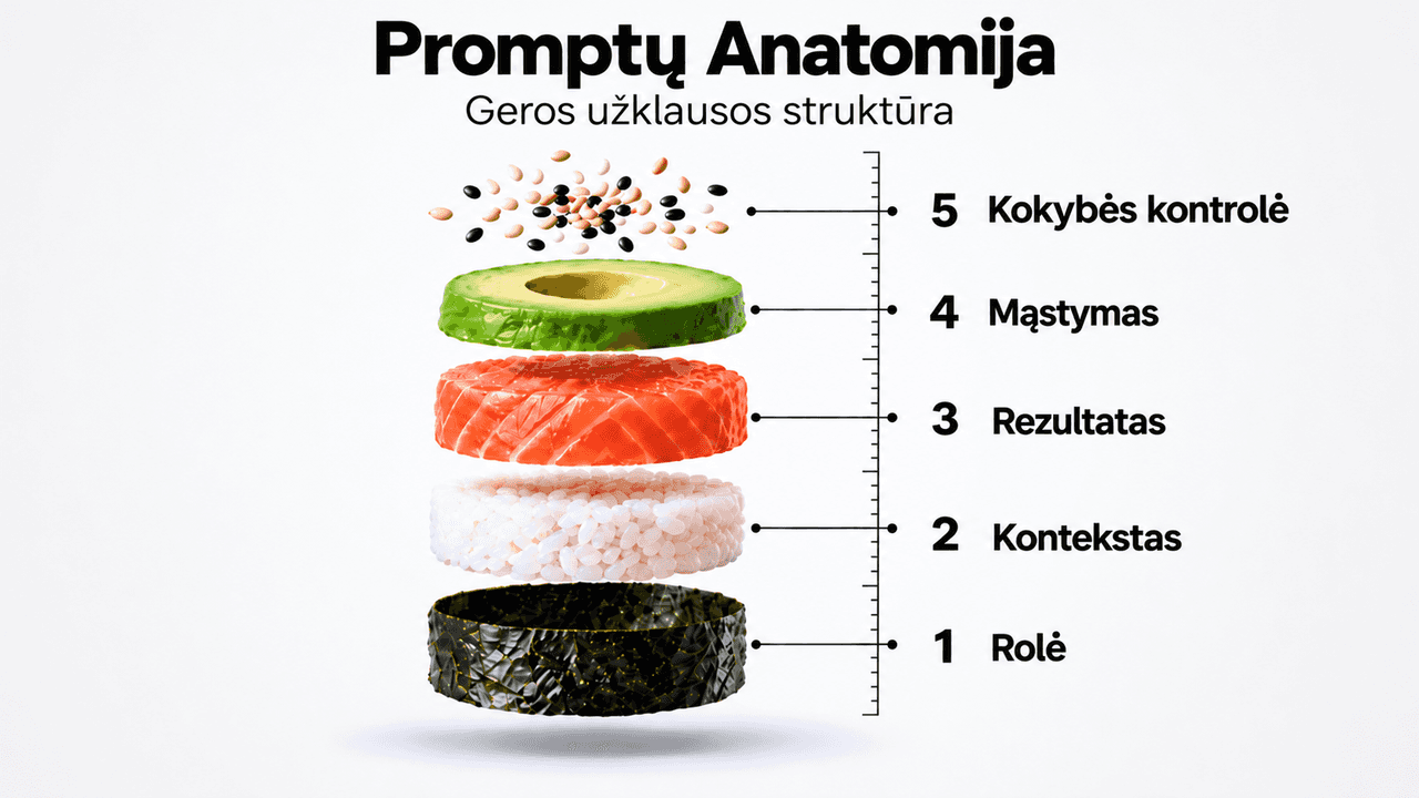 Išsprogdintas suši, iš apačios į viršų: nori — 1 Rolė, ryžiai — 2 Kontekstas, lašiša — 3 Rezultatas, avokadas — 4 Mąstymas, sezamai — 5 Kokybės kontrolė.